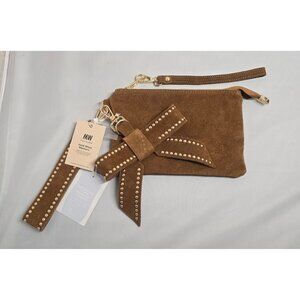 Brown Suede Wristlet Clutch Studded Bow & Detachable Strap boho western cottage